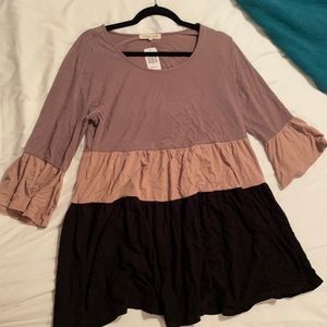 Indigo long sleeve dress. Taupe tan black